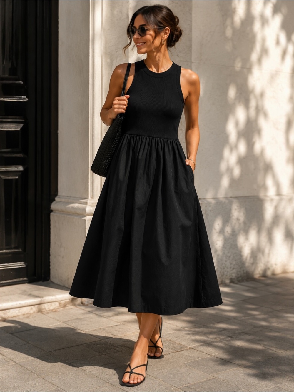 Old Navy Black Fit & Flare Midi Dress Ribbed Tank Poplin Skirt XL